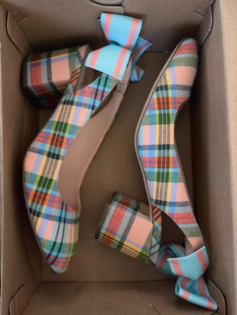 J. Crew Multicolor Plaid Block Heel Pumps with Blue and Pink Ankle Tie